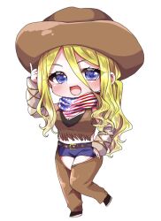 1girl :d american_flag american_flag_print bandana bandana_around_neck belt black_shoes blonde_hair blue_eyes blush breasts brown_arm_warmers brown_belt brown_hat brown_tank_top chaps chibi chibi_only cleavage cowboy_hat crop_top denim denim_shorts flag_print fringe_trim full_body hair_between_eyes hand_on_own_hip hand_up hat kimi_no_koto_ga_dai_dai_dai_dai_daisuki_na_100-nin_no_kanojo knees_together_feet_apart long_hair long_hair_between_eyes looking_at_viewer midriff navel open_mouth ponytail shoes short_shorts shorts sidelocks simple_background smile solo standing standing_on_one_leg tank_top thumbs_up v-shaped_eyebrows very_long_hair wavy_hair white_background yamato_nadeshiko_(hyakkano) yumenobetsu