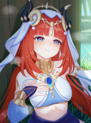 1girl aqua_eyes aqua_nails blue_gemstone blue_skirt blush circlet closed_mouth commentary crop_top ewaaawa fake_horns fingernails gem genshin_impact gold_trim hand_on_own_chest heart heart-shaped_pupils highres horns long_hair long_sleeves looking_at_viewer nail_polish nilou_(genshin_impact) paid_reward_available parted_bangs puffy_long_sleeves puffy_sleeves red_hair skirt small_sweatdrop smile solo symbol-shaped_pupils veil very_long_hair white_veil
