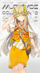 1girl absurdres arknights artist_name bag blunt_ends brown_hair character_name commentary copyright_name dated elf ginkgo_leaf grin highres laurel_crown leaf leaf_necklace long_hair looking_at_viewer lyuqiu mole mole_under_eye muelsyse_(arknights) one_eye_closed orange_eyes orange_skirt pencil_skirt pointy_ears shirt shoulder_bag signature skirt smile solo very_long_hair white_shirt