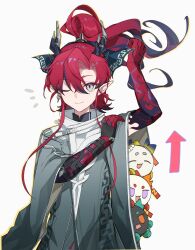 1boy arknights black_hair blue_eyes colored_extremities colored_tips doll dragon_bubble_(arknights) dragon_horns dusk_(arknights) high_ponytail highres horns long_hair looking_at_viewer male_focus minlee multicolored_hair nian_(arknights) one_eye_closed pointy_ears ponytail purple_hair red_hair short_ponytail shu_(arknights) simple_background smile wavy_hair white_background wide_sleeves yu_(arknights)