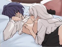 2girls between_legs black_skirt blush breast_sucking breasts closed_eyes clothes_lift commentary grabbing_another&#039;s_breast groping honkai_(series) honkai_impact_3rd kiana_kaslana large_breasts long_hair lying multiple_girls on_back on_bed pleated_skirt purple_hair raiden_mei shirt shirt_lift skirt syonosuke9573 white_hair white_shirt yuri