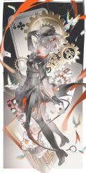1girl absurdres ace_(playing_card) ace_of_hearts animalization arknights bird black_boots black_bow black_dress black_hat boots border bow breasts card chinese_commentary chromatic_aberration commentary_request dove dress five_of_clubs full_body gears gradient_background hand_up hat heart highres holding holding_card incredibly_absurdres jack-in-the-box lin_qing_(phosphorus_1104) looking_at_viewer medium_breasts multicolored_hair playing_card red_hair short_hair smile solo streaked_hair thigh_boots three_of_clubs torn_clothes w_(arknights) w_(wanted)_(arknights) white_hair yellow_eyes
