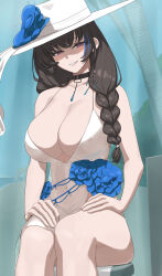 1girl blue_flower braid braided_ponytail breasts flower goddess_of_victory:_nikke hair_over_shoulder hat highres large_breasts large_hat mary_(bay_goddess)_(nikke) mary_(nikke) miya_(art_aefu) official_alternate_costume purple_eyes smile solo sun_hat unusually_open_eyes