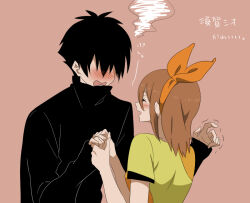 Rule 34 | 1boy, 1girl, ^ ^, anime coloring, black hair, black shirt, blush, bow, bow hairband, brown hair, closed eyes, commentary request, face-to-face, faceless, faceless male, fingernails, flustered, from behind, hairband, happy, height difference, hetero, holding hands, kanzaki shiori, kirisame ga furu mori, kurimilove, layered shirt, long sleeves, medium hair, messy hair, open mouth, orange background, orange bow, orange hairband, orange shirt, palms, pointy nose, shirt, short hair, simple background, sleeves past wrists, smile, steam from ears, suga koutarou, t-shirt, translation request, trembling, turtleneck, turtleneck shirt, two-tone shirt, upper body, wavy mouth, yellow shirt