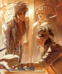 Rule 34 | 5boys, akagi shigeru, animal print, bandaged ear, black hair, blazer, blood, cigarette, clenched teeth, closed mouth, commentary, cowboy shot, crying, crying with eyes open, english commentary, facial scar, fukumoto mahjong, grey hair, grey jacket, grey pants, highres, itou kaiji, jacket, kaiji, long hair, long sleeves, looking at another, male focus, multiple boys, old, old man, open clothes, open jacket, open mouth, pants, scar, scar on cheek, scar on face, smile, span (shibanyu63868), striped clothes, striped jacket, striped pants, sunglasses, tears, teeth, ten (manga), tiger print, yellow theme