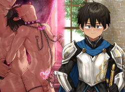 Rule 34 | 3boys, anal, arm held back, black hair, blue eyes, closed mouth, commentary request, completely nude, group sex, highres, knight, komorebi (artist), male focus, mmm threesome, multiple boys, multiple views, navel, nipple chain, nude, original, paid reward available, parted lips, penis, pubic tattoo, sex, short hair, tattoo, testicles, threesome, tongue, tongue out, very short hair, yaoi