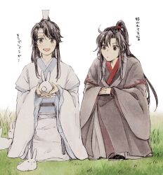 2boys :d animal black_eyes black_hair black_hanfu blush chinese_clothes closed_mouth grass hanfu headband high_ponytail holding holding_animal holding_rabbit lan_sizhui long_hair long_sleeves looking_at_animal male_focus modao_zushi multiple_boys open_mouth ponytail rabbit robe sash seiza sidelocks simple_background sitting sleeves_past_wrists smile squatting tassel w2biiro wei_wuxian white_background white_hanfu white_headband white_rabbit_(animal) wide_sleeves xiao_guan_(headdress) yaopei
