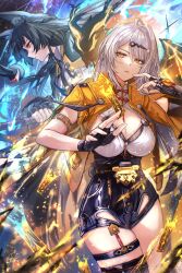 2girls animal_ear_fluff animal_ears asymmetrical_gloves bad_id bad_twitter_id bird black_bird black_gloves black_hair black_shorts braid breasts bright_pupils cleavage closed_mouth commentary elbow_gloves fingerless_gloves fox fox_ears gloves grey_hair hair_ornament half_up_braid high-waist_shorts highres holding_ofuda hoshimi_miyabi jacket large_breasts long_hair looking_ahead multiple_girls orange_eyes parted_lips shirt shorts single_elbow_glove single_hair_intake tailless_(zenless_zone_zero) thigh_strap thighs uneven_gloves white_pupils white_shirt yellow_eyes yellow_jacket yi_xuan_(zenless_zone_zero) yoru_shiki zenless_zone_zero