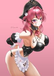 1girl absurdres adjusting_apron apron arm_bow bare_shoulders black_collar black_corset black_hat black_panties black_ribbon black_sleeves blush bow breasts chocolate chocolate_on_body chocolate_on_breasts chocolate_on_clothes chocolate_on_face collar collarbone corset detached_collar detached_sleeves earrings food food_on_body food_on_face frilled_apron frills goddess_of_victory:_nikke hair_intakes hair_ornament hair_ribbon hat heart heart_earrings heart_in_eye highres jewelry kuremon large_breasts long_hair looking_down maid_apron mast_(nikke) mast_(romantic_maid)_(nikke) multicolored_hair panties pink_background pink_bow pink_eyes pink_hair pirate_hat ribbon side-tie_panties simple_background skull_collar skull_hair_ornament sleeve_garter solo streaked_hair stud_earrings symbol_in_eye thighs twitter_username two-tone_hair underwear waist_apron white_apron white_wrist_cuffs wrist_cuffs