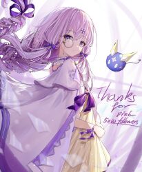 1girl absurdres arcaea bare_shoulders bow braid charon_(arcaea) collar cowboy_shot dress from_side hair_between_eyes hair_ornament highres jacket lagrange_(arcaea) long_hair monocle purple_bow purple_eyes purple_hair sidelocks single_braid smile solo twintails white_jacket xy_wang yellow_dress