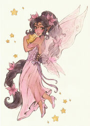 1girl absurdly_long_hair blush corset dark-skinned_female dark_skin disney_fairies disney_fairies_(book_series) dress eyelashes fairy fairy_wings fira_(disney_fairies) flower highres kuridel lips long_hair loose_dress multi-tied_hair pointy_ears ponytail smile solo star_(symbol) traditional_media very_long_hair wings