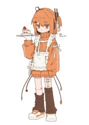 Rule 34 | 1girl, a.i. voice, adachi rei, alternate costume, android, apron, black leg warmers, cable, cake, character name, closed mouth, food, frilled apron, frills, full body, highres, holding, holding tray, jacket, jersey maid, joints, kuuurusuke, leg warmers, legwear garter, long sleeves, looking at viewer, maid, one side up, orange eyes, orange hair, orange jacket, orange shorts, robot joints, shoes, shorts, simple background, solo, standing, strawberry cake, tray, unconventional maid, utau, white apron, white background, white shoes