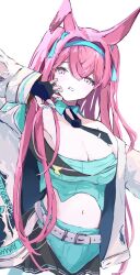1girl animal_ears aqua_collar aqua_hairband aqua_nails aqua_shirt aqua_skirt arknights arm_up bare_shoulders belt black_necktie black_skirt breasts claw_pose cleavage commentary crop_top detached_collar fingerless_gloves gloves hair_between_eyes hair_intakes hairband highres jacket large_breasts long_hair looking_at_viewer mi7_0601 midriff navel necktie open_clothes open_jacket parted_lips pink_eyes pink_hair rabbit_ears ray_(arknights) ray_(dreaming_high)_(arknights) shirt short_necktie skirt solo strapless strapless_shirt torn_clothes two-tone_skirt upper_body very_long_hair white_background white_jacket