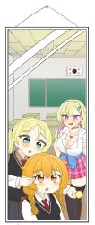 3girls amesuku_gyaru black_thighhighs blonde_hair boryeon_(last_origin) braid breasts chalkboard choker classroom cleavage clothes_around_waist collared_shirt colored_inner_hair desk dutch_girl_(last_origin) ear_piercing earrings ellie_quickhand green_eyes gyaru hair_flaps hair_ornament hairclip highres jewelry kogal kyulradde_kyul_latte large_breasts last_origin long_hair long_sleeves looking_at_mirror mirror multicolored_hair multiple_girls necklace official_alternate_costume orange_eyes orange_hair piercing pleated_skirt purple_eyes purple_hair school_desk shirt skirt small_breasts south_korean_flag sweater sweater_around_waist thighhighs twin_braids twintails two-tone_hair very_long_hair