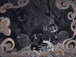 ^_^ awai_(pixiv29777040) bare_tree chandelure closed_eyes creature creatures_(company) dark fire flower game_freak gen_1_pokemon gen_2_pokemon gen_5_pokemon gengar ghost grave graveyard grey_theme happy lying nintendo no_humans on_stomach outdoors pokemon pokemon_(creature) tree umbreon