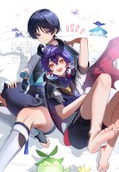 2boys absurdres animal animalization aranara_(genshin_impact) ararycan_(genshin_impact) arm_up barefoot black_bodysuit black_bow black_bridal_gauntlets black_cat black_hair black_horns black_leggings black_shorts blue_kimono blue_sleeves blunt_ends blush bodysuit bow bridal_gauntlets bug butterfly cat closed_mouth crossed_bangs deep_skin dragon dragon_horns dragon_wings durin_(genshin_impact) eyelashes eyeliner eyeshadow fangs feet fingernails foot_focus furry_and_humanization genshin_impact hamster headpat highres holding holding_animal horns insect jacket japanese_clothes juban kimono layered_sleeves leaning_on_person leg_warmers leggings looking_at_viewer makeup mini_durin_(genshin_impact) multiple_boys nero_hanken notice_lines open_clothes open_jacket open_kimono open_mouth orange_eyes origami person_and_animalization pillow pointy_ears purple_butterfly purple_eyes purple_hair purple_rope purple_sash purple_undershirt red_eyeliner red_eyeshadow red_wings rope sash scaramouche_(cat)_(genshin_impact) scaramouche_(genshin_impact) short_sleeves shorts small_dragon smirk spoilers teeth toenails toes uneven_eyes upper_teeth_only watermark white_background white_jacket white_kimono white_leg_warmers white_sleeves wings wispy_bangs