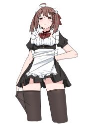 Rule 34 | 109kpm, 1girl, absurdres, ahoge, bow, brown hair, evil neuro-sama, hair ornament, hand on own hip, highres, looking at viewer, maid, neuro-sama, panties, red eyes, simple background, thighhighs, underwear, vedal ai, virtual youtuber, white background, white panties