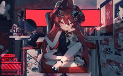 1girl absurdres acrylic_stand_(object) animal_ear_fluff animal_ears black_dress black_ribbon black_shoes bright_pupils can chair china_dress chinese_clothes commentary controller cross-shaped_pupils dress drink_can fishnet_thighhighs fishnets game_controller hair_ribbon hand_on_own_cheek hand_on_own_face high_heels highres holding holding_controller holding_game_controller indoors long_hair monitor on_chair original ozureiji photo_(object) poster_(object) rabbit_ears red_eyes red_hair ribbon shoes single_thighhigh sitting sleeveless sleeveless_dress solo sticker symbol-only_commentary symbol-shaped_pupils thighhighs tsurime two_side_up watermark white_pupils white_thighhighs yin_yang yin_yang_hair_ornament