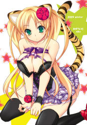 1girl animal_ears bad_id bad_pixiv_id blonde_hair breasts cleavage female_focus green_eyes hair_ornament large_breasts niko niko_(azurite) original panties panty_pull plaid_clothes plaid_skirt ribbon sitting skirt solo tail thighhighs tiger_ears tiger_tail twintails underwear wrist_cuffs