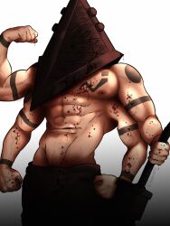 Rule 34 | 1boy, abs, absurdres, arm tattoo, bara, blood, blood on body, chest tattoo, clenched hands, commentary, cosplay, extra arms, flexing, g00miato, highres, holding, holding weapon, jujutsu kaisen, large pectorals, male focus, muscular, muscular male, navel hair, nipples, pectorals, pyramid head, pyramid head (cosplay), ryoumen sukuna (jujutsu kaisen), ryoumen sukuna (true form) (jujutsu kaisen), silent hill (series), silent hill 2, simple background, solo, stomach mouth, tattoo, topless male, twitter username, veins, veiny arms, weapon