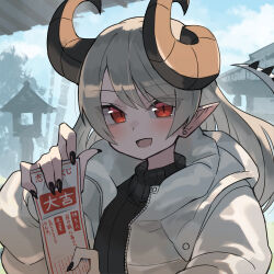 Rule 34 | 1girl, absurdres, backlighting, black nails, black sweater, blue sky, coat, grey hair, highres, holding, holding omikuji, horns, katsu (katsupainter), long hair, looking at viewer, nail polish, new year, omikuji, open mouth, original, outdoors, pointy ears, red eyes, sky, solo, sweater, upper body, white coat