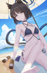1girl absurdres animal_ear_fluff animal_ears bare_arms bare_shoulders beach bikini black_choker black_eyes black_hair blue_archive blue_bikini cat_ears cat_girl cat_tail choker drink highres holding holding_drink ikou_(18_ikou) kikyou_(blue_archive) kikyou_(swimsuit)_(blue_archive) looking_at_viewer multiple_tails ocean official_alternate_costume parted_bangs short_hair soles solo swimsuit tail two_tails