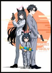 1boy 2girls absurdres animal_ear_fluff animal_ears black_hair black_necktie black_shoes blue_archive blush brown_eyes closed_mouth father_and_daughter fox_ears fox_girl grey_jacket grey_pants grey_shirt gun handgun highres holding holding_gun holding_water_gun holding_weapon jacket long_hair looking_at_viewer medium_hair melissa_v2 mother_and_daughter multiple_girls necktie pants red_eyes sensei_(blue_archive) shirt shoes short_hair sidelocks very_long_hair water_gun weapon white_shirt yukino_(blue_archive)