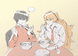 1boy 1girl steamed_bun black_coat black_eyes black_hair bowl chopsticks coat collared_shirt cup eating food green_eyes holding holding_chopsticks ishmael_(project_moon) jacket limbus_company long_hair long_sleeves lz_0o0_zl mandarin_collar necktie orange_background orange_hair plate pocket project_moon red_jacket red_necktie shirt sidelocks simple_background soup table very_long_hair white_hair yi_sang_(project_moon)