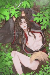Rule 34 | 1boy, ahoge, alternate hairstyle, animal ear fluff, animal ears, arms up, bare legs, bare pectorals, bishounen, black hanfu, bound, bound wrists, brown hair, chinese clothes, convenient censoring, fangs, feet out of frame, fox boy, fox ears, fox tail, from above, grass, hair down, hanfu, highres, implied yaoi, kemonomimi mode, knee up, leaf, long hair, long sleeves, looking at viewer, lying, male focus, modao zushi, nipples, ojisan rbt, on back, open clothes, open mouth, open robe, outdoors, parted bangs, pectorals, plant, red eyes, robe, sash, smile, solo, spread legs, tail, tail censor, teeth, twitter username, very long hair, watermark, wei wuxian, wide sleeves