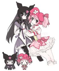 2girls akemi_homura akemi_homura_(magical_girl) animal_ear_hood animal_ears anime_coloring argyle back_bow black_capelet black_eyes black_footwear black_hair black_hood blush_stickers boots bow bowtie bubble_skirt capelet center_frills chest_jewel chibi chibi_inset choker collared_capelet commentary cosplay cross dress fake_animal_ears floppy_ears flower frilled_skirt frilled_sleeves frilled_socks frills hair_bow hat hat_bow hat_flower high_collar holding_hands hood kaname_madoka kaname_madoka_(magical_girl) kneehighs kuromi kuromi_(cosplay) light_blush long_hair long_sleeves looking_at_another lowres magical_girl mahou_shoujo_madoka_magica mahou_shoujo_madoka_magica_(anime) miniskirt multiple_girls multiple_views my_melody my_melody_(cosplay) parted_lips pink_bow pink_choker pink_dress pink_eyes pink_gemstone pink_hair pink_hood pleated_skirt puffy_short_sleeves puffy_sleeves purple_bow purple_bowtie purple_skirt rabbit_ears red_footwear sanrio shoes short_dress short_hair short_sleeves short_twintails simple_background single_blush_sticker skirt skull_print socks solid_circle_eyes square_neckline straight_hair thigh_boots twintails u_emper waist_bow white_background white_dress white_flower white_skirt white_sleeves white_socks winged_heart yuri