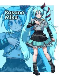 alternate_costume blue_eyes blue_hair boots cavi_keda cosplay crop_top frilled_skirt frills hatsune_miku highres kasane_teto kasane_teto_(cosplay) kasane_teto_(sv) lace-up_boots long_hair skirt smile socks synthesizer_v twintails utau very_long_hair vocaloid zoom_layer