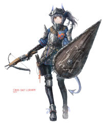 1girl absurdres alternate_costume arknights armor artist_name black_horns black_pantyhose blue_tail boots bow_(weapon) character_name closed_mouth commentary crossbow english_commentary franlol full_body grey_boots grey_hair helmet highres holding holding_crossbow holding_shield holding_weapon horns knee_pads liskarm_(arknights) looking_at_viewer orange_eyes pantyhose quiver shield short_hair side_ponytail sidelocks simple_background solo standing weapon white_background