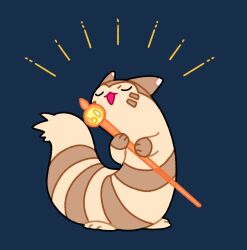 :d animal_focus animal_hands blue_background brown_fur closed_eyes creatures_(company) full_body furret game_freak gen_2_pokemon highres looking_at_viewer nintendo no_humans nose_poke000 open_mouth pokemon pokemon_(creature) simple_background smile solo standing u_u yellow_fur