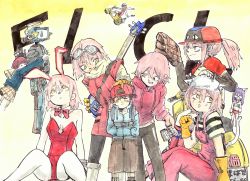 baseball_cap baseball_glove baseball_uniform canti cat flcl gloves guitar haruhara_haruko hat highres instrument leotard motor_vehicle nandaba_naota ninamori_eri pink_hair robot samejima_mamimi scooter sportswear tagme takkun_(flcl) vespa
