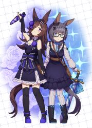 2girls absurdres alternate_costume animal_ears belt black-framed_eyewear black_boots black_bow black_dress black_hair black_hairband black_thighhighs blue_bow blue_bowtie blue_eyes boots bow bowtie braid brown_bag brown_belt brown_hair crown_braid dagger dress ear_ornament elbow_gloves fingerless_gloves flower full_body glasses gloves hair_bow hair_flower hair_ornament hair_over_one_eye hair_over_shoulder hairband highres holding holding_dagger holding_knife holding_weapon horse_ears horse_girl horse_tail knife long_hair long_sleeves looking_at_viewer multiple_girls purple_dress purple_eyes purple_shoes rice_shower_(umamusume) sha_(siasha0104) shirt shoes sword tail thighhighs umamusume unsheathed weapon white_shirt white_thighhighs zenno_rob_roy_(umamusume)
