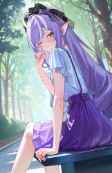 Rule 34 | 1girl, absurdres, ahoge, alternate costume, ass, blush, bow, closed mouth, commentary request, from behind, hair bow, hand up, highres, long hair, looking at viewer, looking back, multicolored hair, one eye closed, outdoors, pointy ears, purple bow, purple hair, purple skirt, red eyes, shirt, shirt tucked in, short sleeves, sidelocks, sitting, skirt, solo, streaked hair, suspender skirt, suspenders, very long hair, vivian banshee, white shirt, yueyueyue yao, zenless zone zero