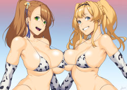 2girls :d absurdres animal_print beatrix_(granblue_fantasy) bikini blonde_hair blue_background blue_eyes braid breast_press breasts cow_print dyun elbow_gloves gloves gradient_background granblue_fantasy green_eyes hairband highleg highleg_bikini highres large_breasts looking_at_viewer multiple_girls one_side_up open_mouth signature smile strap_gap swimsuit symmetrical_docking twintails white_bikini white_gloves zeta_(granblue_fantasy)