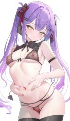 1girl absurdres arm_strap black_bow black_bra black_panties black_ribbon black_thighhighs blush bow bra breasts commentary_request covered_erect_nipples demon_tail ear_piercing fang fingernails gradient_hair green_eyes green_nails hair_ribbon hands_on_own_stomach highres hololive lingerie long_hair looking_down looking_to_the_side multicolored_hair nail_polish navel nekonosuke open_mouth panties piercing pink_hair pink_nails pointy_ears purple_hair ribbon simple_background skindentation solo spread_navel stomach tail tearing_up thighhighs thighs tokoyami_towa twintails two-tone_hair underwear underwear_only virtual_youtuber white_background