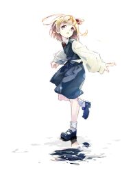 1girl black_shoes black_skirt black_vest blonde_hair collared_shirt commentary_request full_body gorilla_(bun0615) hair_ribbon highres leg_up long_hair long_sleeves mary_janes open_mouth orange_eyes puddle red_ribbon reflection reflective_water ribbon rumia shirt shoes skirt skirt_set socks solo standing standing_on_one_leg touhou vest white_shirt white_socks