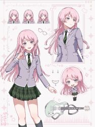 1girl animated animated_gif bang_dream! bang_dream!_it&#039;s_mygo!!!!! black_socks blinking brown_shoes chibi chihaya_anon chinese_commentary closed_mouth commentary_request diagonal-striped_clothes diagonal-striped_necktie earrings electric_guitar glasses green_necktie green_skirt grey_eyes grey_jacket guitar hand_up highres hskwshuu index_finger_raised instrument jacket jewelry kneehighs loafers long_hair long_sleeves multiple_views necklace necktie one_eye_closed open_mouth pink_hair plaid_clothes plaid_skirt pleated_skirt shirt shoes skirt socks striped_clothes teeth upper_teeth_only white_shirt winking_(animated)
