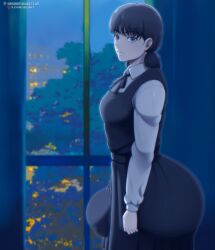 1futa absurdres artist_name ass black_eyes black_hair breasts bulge chainsaw_man futanari highres huge_ass long_hair long_sleeves looking_at_viewer medium_breasts mitaka_asa school_uniform skirt solo window z-art