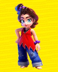 1girl aged_down arm_at_side armpit_crease bare_shoulders barefoot blue_eyes bracelet brown_hair child clenched_hand curtained_hair denim donkey_kong_(series) donkey_kong_bananza eyelashes feet female_focus fingernails flat_chest freckles full_body hair_intakes hair_ornament hand_on_own_hip highres jeans jewelry lips looking_at_viewer medium_hair neck nintendo official_art pants pants_rolled_up parted_bangs pauline_(mario) shirt side_ponytail sleeveless sleeveless_shirt smile standing thick_eyebrows toenails toes tomboy torn_clothes torn_pants v-neck yellow_background young_pauline_(character)