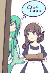 2girls apron brown_eyes brown_hair closed_mouth commentary_request fins fish_hair_ornament green_eyes green_hair hair_ornament head_fins highres holding leadale_no_daichi_nite looking_at_another lytt_(leadale_no_daichi_nite) mermaid mimily mimily_(leadale_no_daichi_nite) monster_girl multiple_girls official_art open_mouth simple_background smile speech_bubble standing tenmaso thought_bubble translation_request white_apron white_background