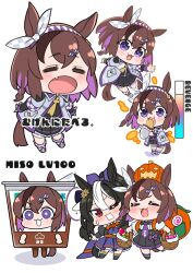 2girls =_= absurdres animal_ears brown_hair chibi do_deuce_(racehorse) equinox_(racehorse) fang food genderswap genderswap_(mtf) hair_between_eyes hair_ornament hairband highres horse_ears horse_girl horse_tail looking_at_viewer multiple_girls original personification purple_eyes red_eyes saliva sweet_potato tail yokoji_(kodai2015)