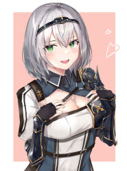 1girl :d absurdres armor black_gloves blush braid breasts cleavage_cutout clothing_cutout commentary dress fingerless_gloves gloves green_eyes grey_hair hair_between_eyes heart highres hololive large_breasts medium_hair open_mouth outside_border pauldrons shirogane_noel shirogane_noel_(1st_costume) shoulder_armor single_pauldron smile solo taht_(that_is_mm) tiara tongue vambraces virtual_youtuber
