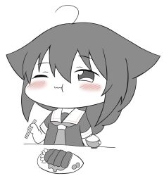 Rule 34 | 1girl, ahoge, blush, braid, chanpon, chibi, chopsticks, eating, food, hair flaps, hair over shoulder, kantai collection, neckerchief, one eye closed, sailor collar, sailor shirt, school uniform, serafuku, shigure (kancolle), shigure kai ni (kancolle), shirt, single braid, solo, spot color, upper body