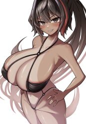 1girl :d absurdres bay_(nikke) bikini black_bikini black_hair blush breasts cleavage collarbone commentary dark-skinned_female dark_skin english_commentary goddess_of_victory:_nikke hair_between_eyes hair_intakes hands_on_own_hips highres huge_breasts long_hair looking_at_viewer mole mole_on_breast mole_on_stomach mole_on_thigh mole_under_mouth multicolored_hair navel o-ring o-ring_bikini open_mouth ponytail red_hair sagging_breasts sharp_teeth simple_background smile solo streaked_hair swimsuit tan tanline teeth thighs very_long_hair white_background yoonsun