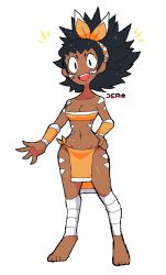 1girl bandages bandages_on_legs barefoot black_eyes black_hair blush body_markings breasts cleavage collarbone dark_skin facial_mark hairband hand_on_own_hip long_hair looking_at_viewer medium_breasts midriff navel open_mouth pelvic_curtain shirt smile sprayjea standing strapless teeth tribal tube_top white_background wristband yellow_shirt