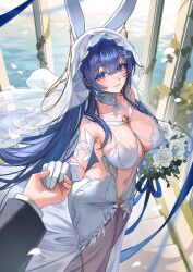 1boy 1girl absurdly_long_hair absurdres animal_ears ariko_(aaaaarik) ass azur_lane backless_dress backless_outfit blue_eyes blue_hair blue_ribbon bouquet breasts bridal_veil butt_crack cleavage commander_(azur_lane) dress fake_animal_ears flower from_side gloves hair_ornament highres holding holding_bouquet large_breasts long_hair long_sleeves looking_at_viewer new_jersey_(azur_lane) new_jersey_(snow-white_ceremony)_(azur_lane) official_alternate_costume rabbit_ears ribbon rose see-through_clothes see-through_dress star_(symbol) star_hair_ornament veil very_long_hair wedding_dress white_dress white_flower white_gloves white_rose