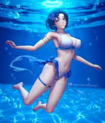1girl alternate_costume bikini bishoujo_senshi_sailor_moon blue_eyes blue_hair closed_mouth commentary earrings english_commentary full_body highleg highleg_bikini inner_senshi jewelry looking_at_viewer mystra77 paid_reward_available patreon_logo patreon_username sailor_mercury short_hair smile solo swimsuit thigh_strap underwater white_bikini